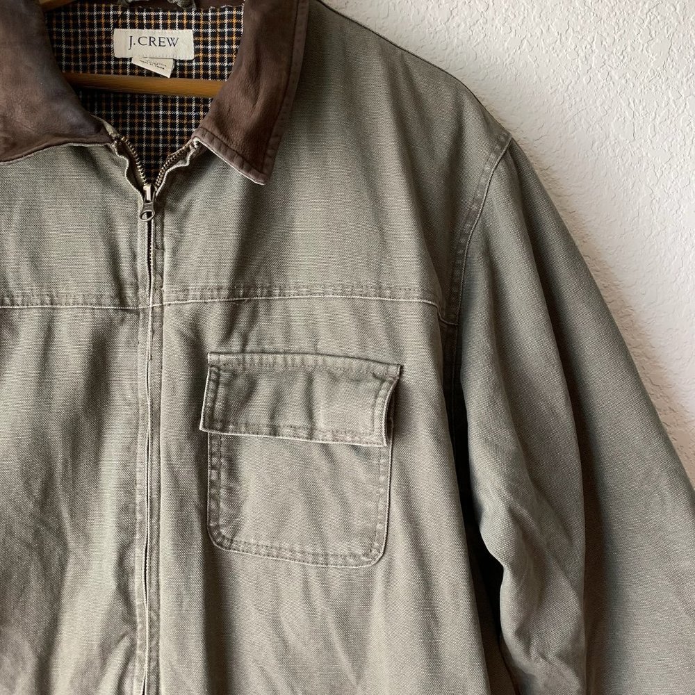 J. CREW Men's Canvas Full Zip Jacket Brown Genuine Leather Collar - Picture 2 of 9